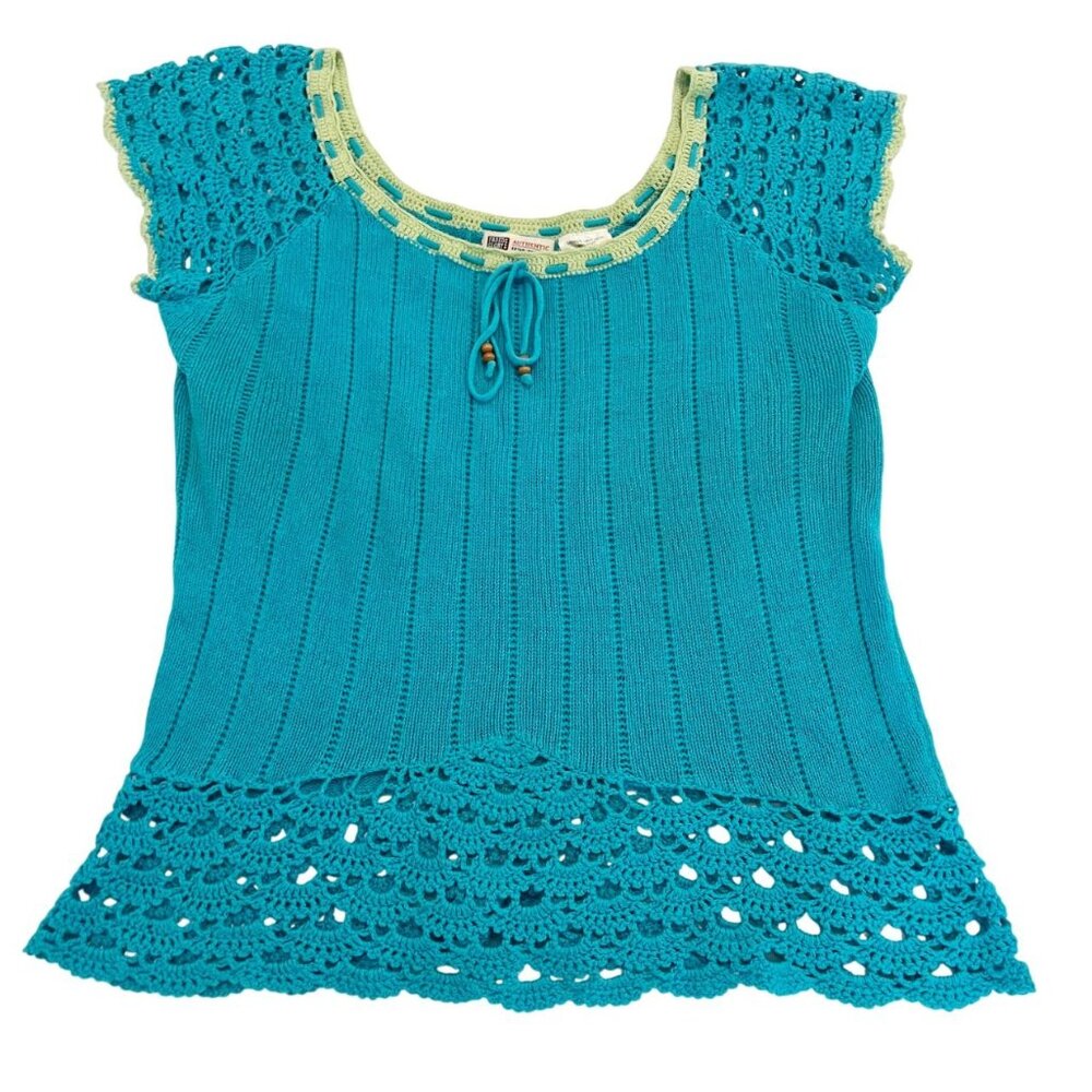 Vintage Faded Glory Y2K Blue Knit Short Sleeve Top Festival Fairy - Size LARGE